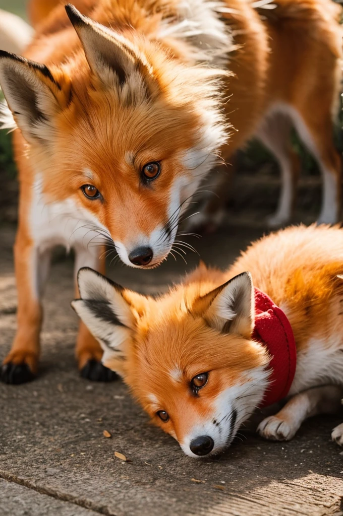 The little fox is wearing a red collar,                          Dog treatment,Treated like a pet,Get your head pat,