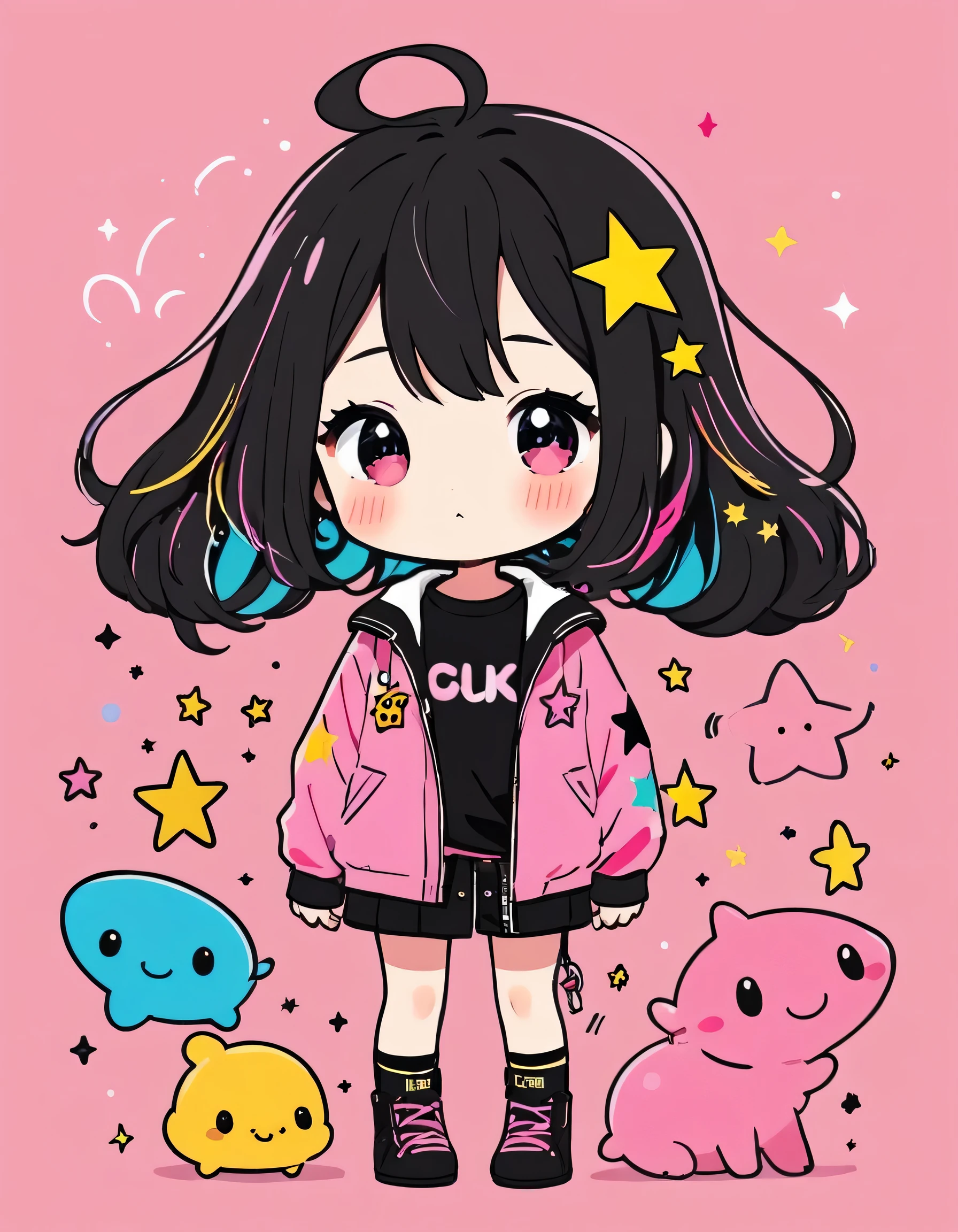 Black Star Gold and Pink style, Simple Line Initialism，Abstract art，Kawaii Design, The most beautiful girl of all time、chibi, Cute and colorful pillbugs, The background is a glittering rainbow color