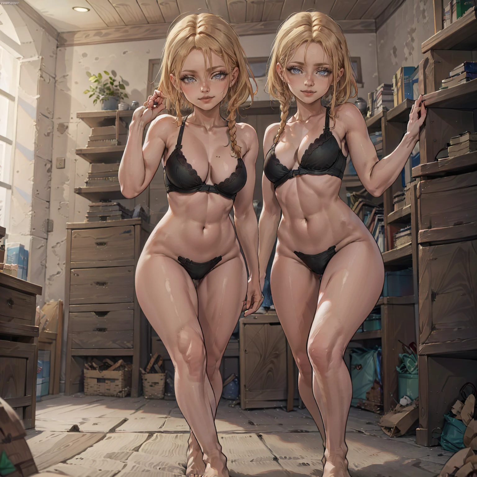 (((solo,1woman, mature, alone))), Cammy White, ((twin braids, long hair, blonde hair, antenna hair, glowing blue eyes, wide eyes, scar on cheek, lipstick, makeup, narrow waist, skinny, medium breasts, earrings, red hat)), pelvic curtain, ((green panties, green bra)), full body, perfect body, (insanely detailed, beautiful detailed face, masterpiece, best quality), (extremely detailed 8k paper CG wall unit: 1.1), (bedroom, night), (smile face for the viewer), crawling_pov