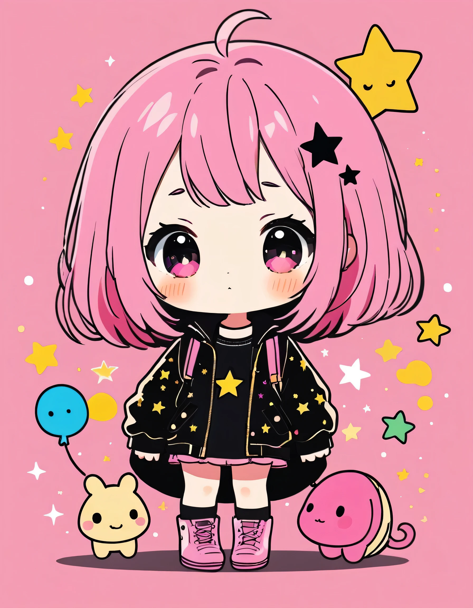 Black Star Gold and Pink style, Simple Line Initialism，Abstract art，Kawaii Design, The most beautiful girl of all time、chibi, Cute and colorful pillbugs, The background is a glittering rainbow color