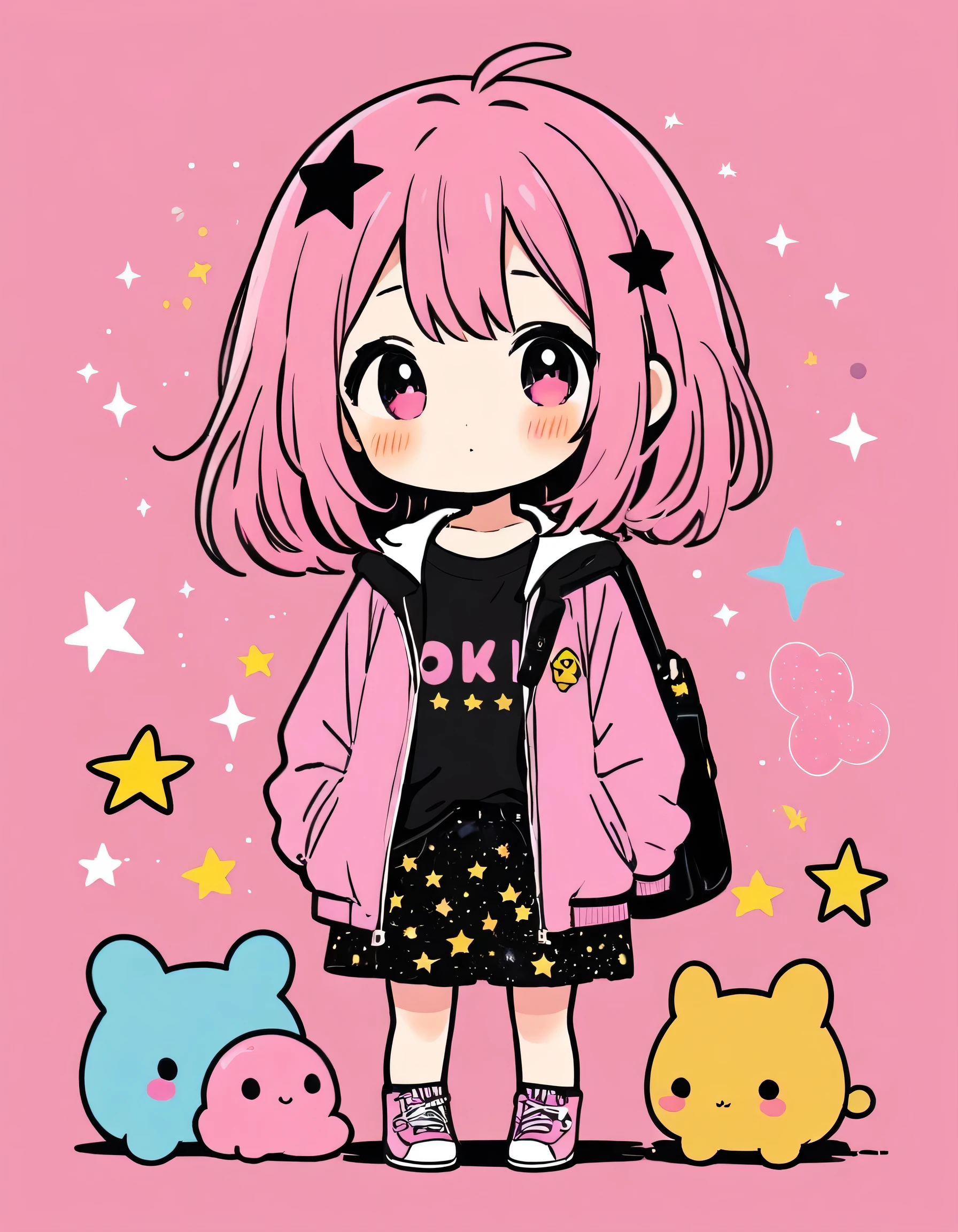 Black Star Gold and Pink style, Simple Line Initialism,Abstract art,Kawaii Design, The most beautiful girl of all time、chibi, Cute and colorful pillbugs, The background is a glittering rainbow color