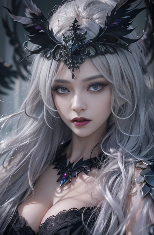 (masterpiece:1.3), (8K, Realistic, RAW Photos, Best image quality: 1.4), (Highest quality、masterpiece、Ultra-high resolution、(Realistic:1.8))、Beautiful appearance、(((Fair-skinned Goddess、Goddess Athens、Super-level demon、The Goddess Fallen to the Devil、Silver Hair)))、(((Huge jet black wings on latissimus dorsi、Huge black feather、The black feathers that everyone fears)))、Cleavage:2.0、Highly detailed face、Attention to detail、double eyelid、Well-formed face、Sharp focus:1.2、Beautiful woman:1.8、 Highly detailed and professionally lit smiles, ((Gothic Costume、black goth fashion、Gorgeous black and light purple dress)) , One person、（both hands, Perfect Fingers、Beautiful fingers）