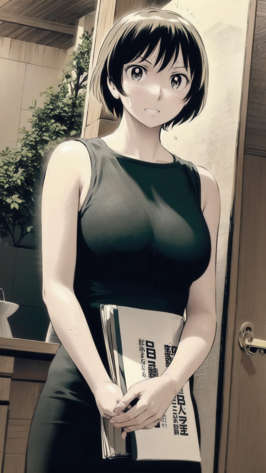 、(masterpiece、Highest quality)、Highest quality, Ultra-high resolution, (((masterpiece))), alone, Sweat、Big eyes, Sleeveless、Outdoor、Floral Dress、Composition from the front、(後ろCut your hair short、short hair、blonde、woman)、Shortcuts、Embarrassed face、Cut your hair short、可愛いwomanの子、Big Breasts、Browsing Caution