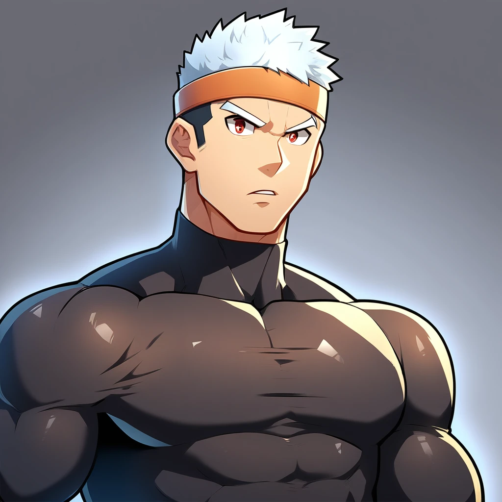 anime characters:Gyee, Muscle Sports Student, Manliness, sports headband, male focus, Cute boy with big eyes, Mike WHite high collar long sleeve tight T-shirt, Slightly transparent material, Very tight, Round, full and perky chest muscles, Slightly transparent, muscular male, muscular, only, Upper body, alone, Black short hair, Thick eyebrows, stubble, Cute little eyes, Brown-red pupils, Grey background, simple background, amazing quality, best aesthetics, Ridiculous, crew cut, parted lips, v-shaped eyebrows, jitome, best quality