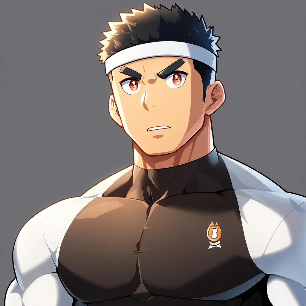 anime characters：Gyee, Muscle Sports Student, Manliness, sports headband, male focus, Cute boy with big eyes, Mike WHite high collar long sleeve tight T-shirt, Slightly transparent material, Very tight, Round, full and perky chest muscles, Slightly transparent, muscular male, muscular, only, Upper body, alone, Black short hair, Thick eyebrows, stubble, Cute little eyes, Brown-red pupils, Grey background, simple background, amazing quality, best aesthetics, Ridiculous, crew cut, parted lips, v-shaped eyebrows, jitome, best quality