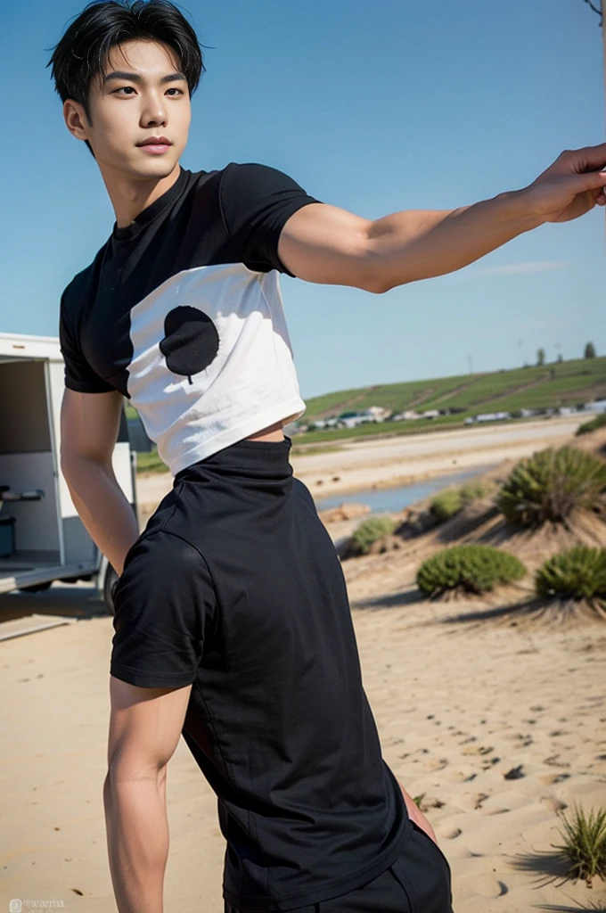 A handsome, muscular young Asian man looks at the camera. In a simple black t-shirt , Fieldside, grass, beach, sunlight