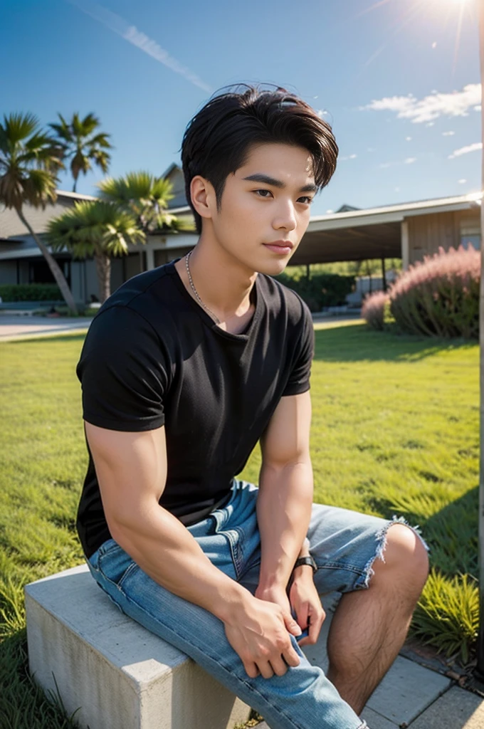 A handsome, muscular young Asian man looks at the camera. In a simple black t-shirt , Fieldside, grass, beach, sunlight