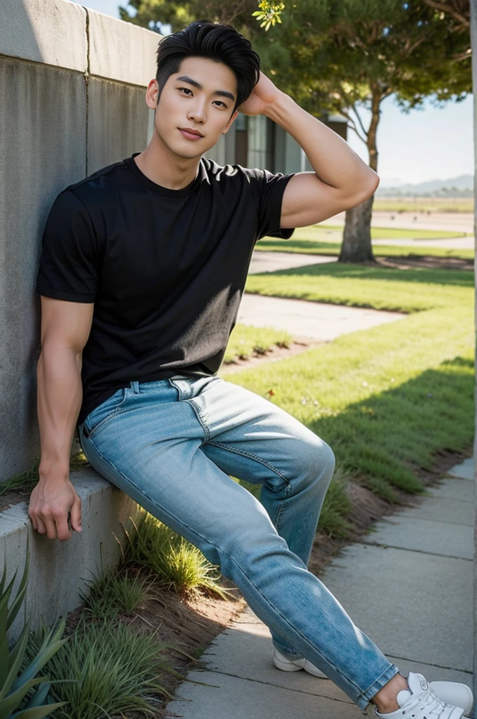 A handsome, muscular young Asian man looks at the camera. In a simple black t-shirt , Fieldside, grass, beach, sunlight