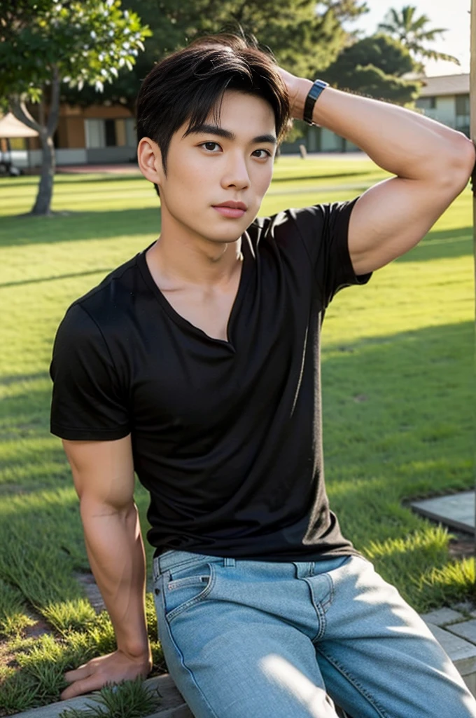 A handsome, muscular young Asian man looks at the camera. In a simple black t-shirt , Fieldside, grass, beach, sunlight