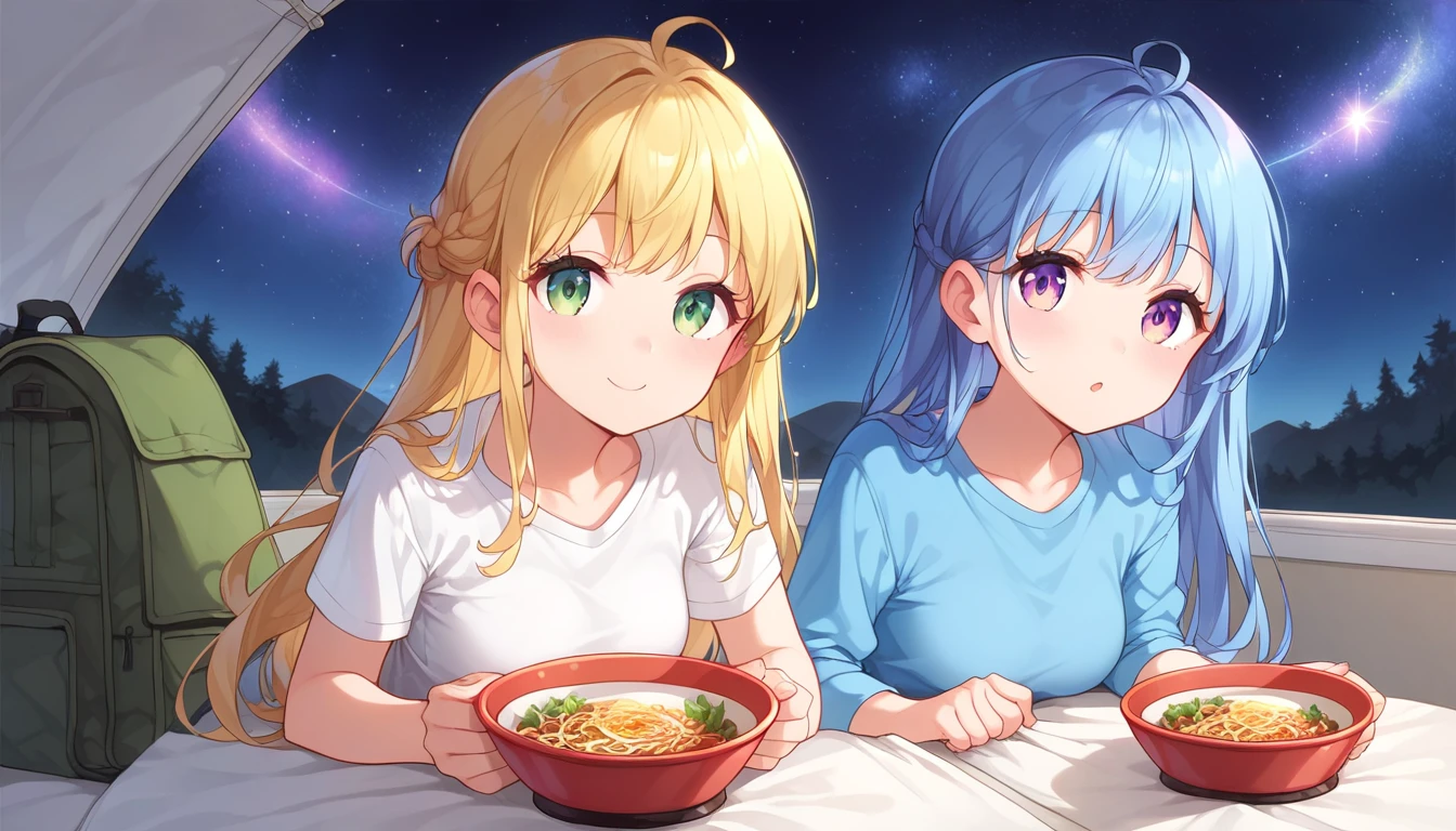 ((2girls:1.3)), ((tshirt:1.3)), ((camping:1.3)), ((bonfire:1.3)), ((ramen bowl:1.3)), ((relaxed look:1.3)), ((nebula:1.3)), ((outer space:1.3)), (((moe style:1.3)), ((perfect face)), ((extremely cute:1.3)), ((masterpiece:1.3)), ((8k)), ((best quality:1.3)), ((beautiful)), ((extremely detailed:1.3)) , ((absurdres)), AddXL, ((score_9:1.3)), ((score_8_up:1.3)), ((score_7_up:1.3)), Expressiveh 