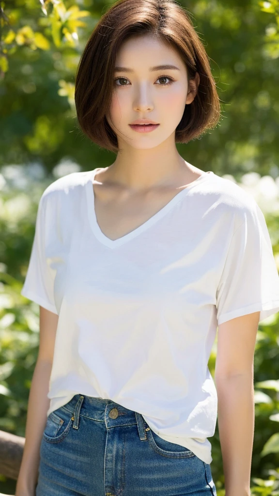 （real， High resolution：1.3）， short hair， White T-shirt：1.2， jeans， Male body with female face、A dainty man dressed as a woman、Natural photography、Transsexual、ultra High quality