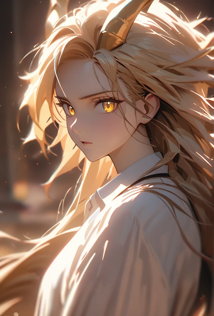 (solo), masculine, yellow hair, messy hair, mane hair, long hair, dense hair, wild hair, expressive hair, mature,(25 year old), pale skin, yellow eyes, ((man)), wearing a white dress shirt, serious, ((Yellow dragon horns)), handsome, attractive, eye reflection, depth of field, thunder aura,cinematic lighting, ray tracing, depth of field, cinematic lighting, ray tracing, UHD, high details, best quality, highres, high quality, award winning, super detail, masterpiece, 8k, UHD, high details, best quality, highres, high quality, award winning, super detail, masterpiece, 8k, digital art, anime coloring, body shot, good face, perfect face, detailed face, good eyes, facing foward