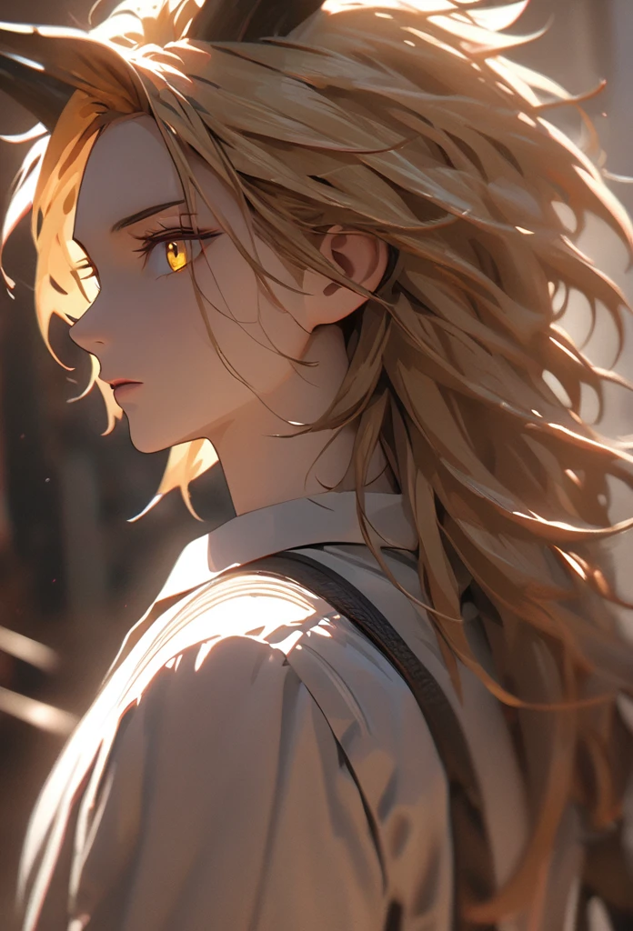 (solo), masculine, yellow hair, messy hair, mane hair, long hair, dense hair, wild hair, expressive hair, mature,(25 year old), pale skin, yellow eyes, ((man)), wearing a white dress shirt, serious, ((Yellow dragon horns)), handsome, attractive, eye reflection, depth of field, thunder aura,cinematic lighting, ray tracing, depth of field, cinematic lighting, ray tracing, UHD, high details, best quality, highres, high quality, award winning, super detail, masterpiece, 8k, UHD, high details, best quality, highres, high quality, award winning, super detail, masterpiece, 8k, digital art, anime coloring, body shot, good face, perfect face, detailed face, good eyes, facing foward