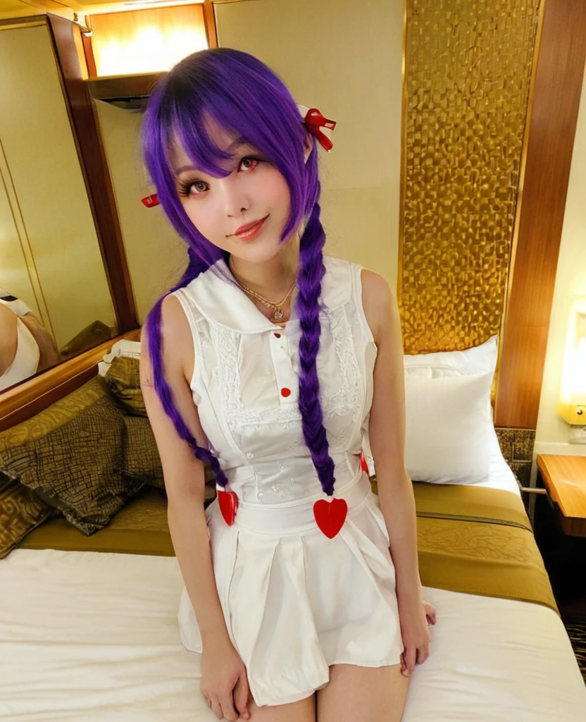 Purple Hair、Twin tails、Heart Eyes、Heart Eye、smile、Hotel、bed