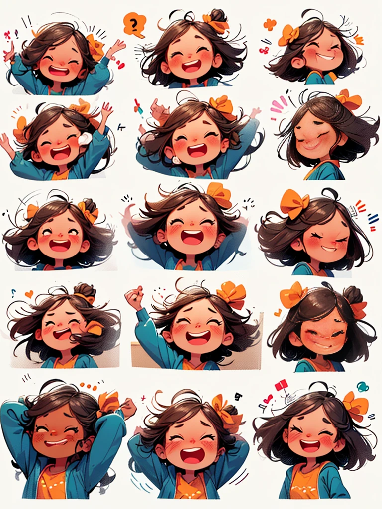 chibi, A cartoon  girl wearing a pink V-neck shirt and white shorts, (9 emojis, emoji sheet, Align arrangement)，(9 poses and expressions), (Grieving, astonishment, having fun, excitement, big laughter, angry, doubt, Touch your head, Sell moe, wait), illustration，Emoticon Art Design，Exquisite details，Ultra HD，8K，(Detailed avatar table, Front diagram:1.5), (White background:1.5), Emoticon packages, (arranged neatly:1.2, spaced separately:1.2, not overlapping:1.2)，Well-defined shadows，Ultra-saturated colors，Motion capture, ((Nine Palace Grid Layout))