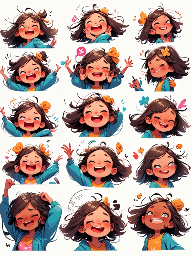 chibi, A cartoon little girl wearing a pink V-neck shirt and white shorts, (9 emojis, emoji sheet, Align arrangement)，(9 poses and expressions), (Grieving, astonishment, having fun, excitement, big laughter, angry, doubt, Touch your head, Sell moe, wait), illustration，Emoticon Art Design，Exquisite details，Ultra HD，8K，(Detailed avatar table, Front diagram:1.5), (White background:1.5), Emoticon packages, (arranged neatly:1.2, spaced separately:1.2, not overlapping:1.2)，Well-defined shadows，Ultra-saturated colors，Motion capture, ((Nine Palace Grid Layout))