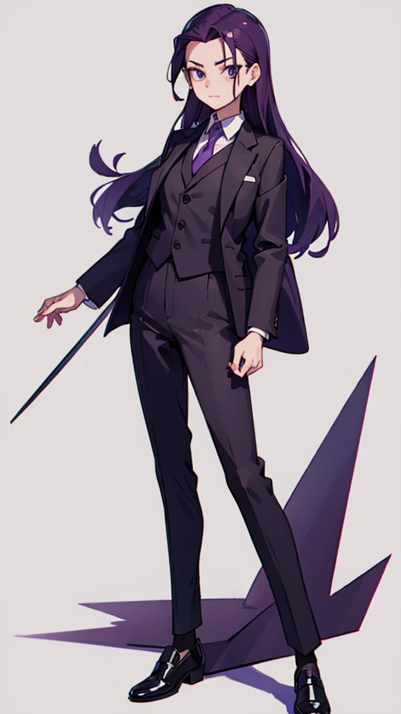 1.Cross-dressing girl,suit,Hair style slicked back,Dark purple hair,Leather shoes,whole body,White background,濃い紫のsuit,濃い紫のsuitズボン,Photographer,Single-lens reflex camera,Cool standing figure,Purple tie,A faint smile on his face