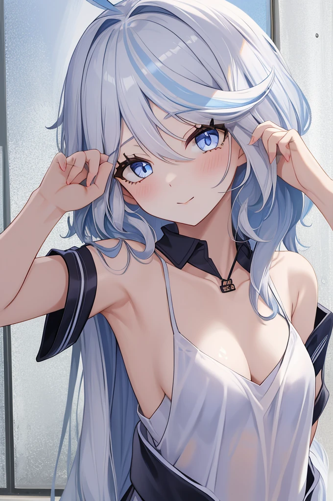 Furina,1girl,solo,long hair,ahoge,blue eyes,white hair,blue hair,bangs, off shoulder, collar bone, cleavage, look at viewer, perfect fingers, armpit peek, black sailor uniform