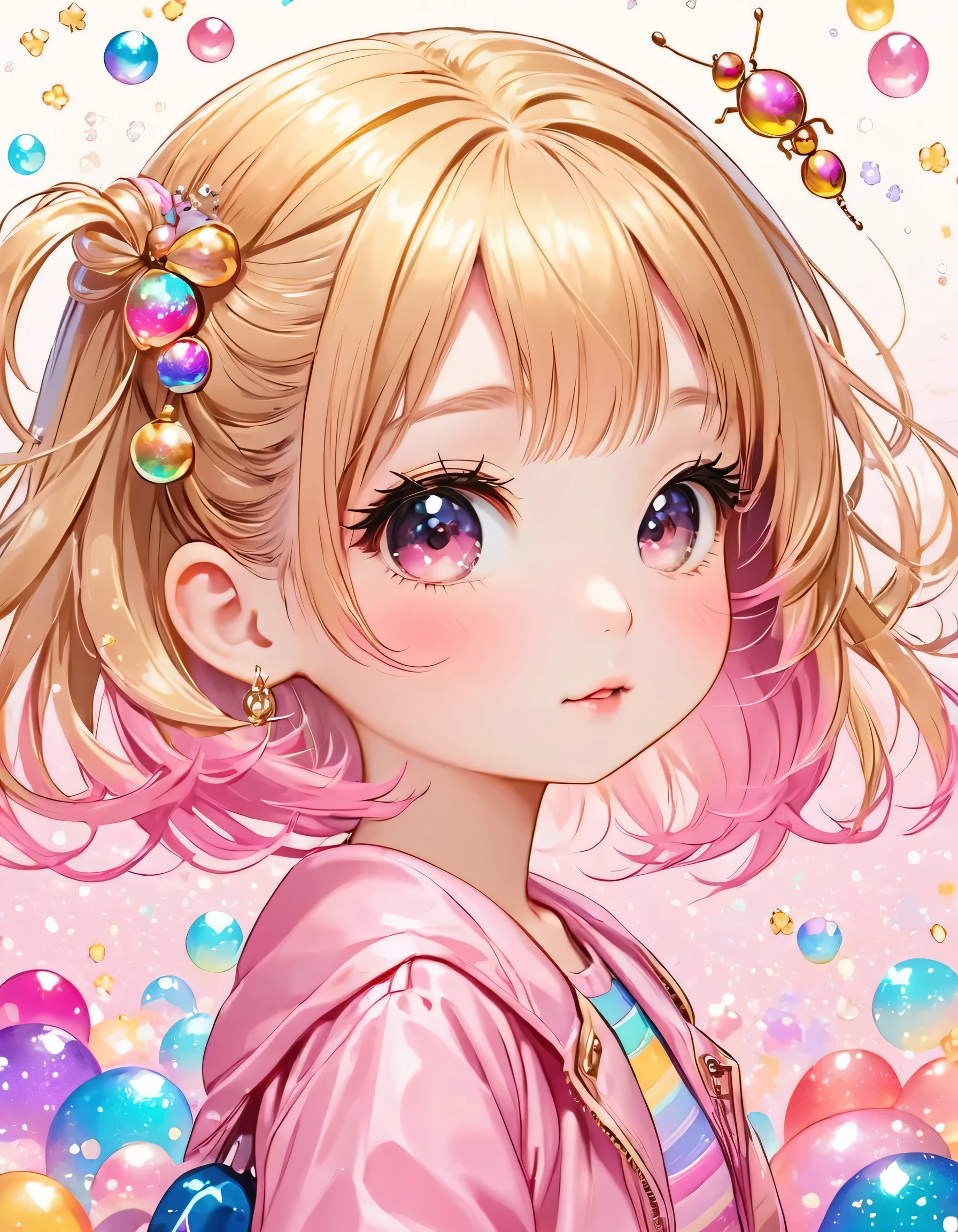 Gold and Pink style, Simple Line Initialism，Abstract art，Kawaii Design, The most beautiful girl of all time、chibi, Cute and colorful pillbugs, The background is a glittering rainbow color