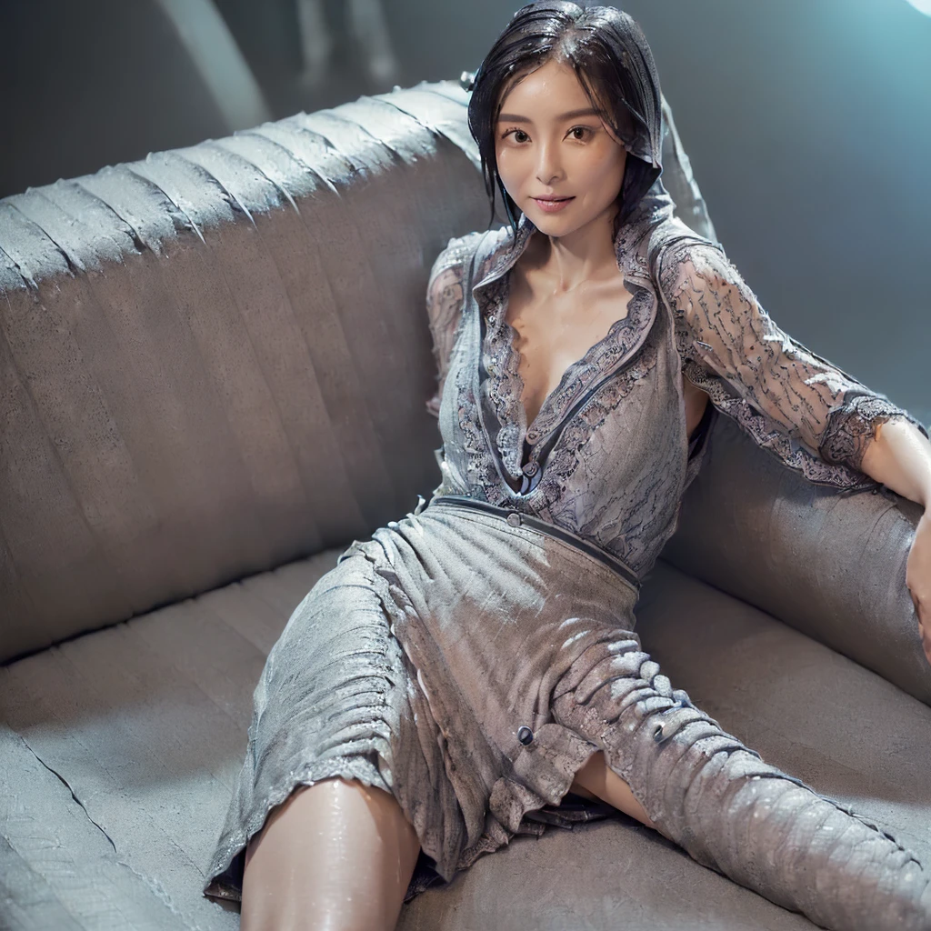 cinematic, Blue hour, (((Ultimate ultra Photorealistic, ultimate high-quality 32k photo))),(((An American shot photo, both hands on knees, show ultra detailed groin part, sexy Sitting with Knees Up on sofa, spread legs, wide open legs, legs spread in an ‘M’ shape, a42yo ultimate beautiful &cute Japanese actress, looking at viewer:1.6))),(((She has a very intelligent and ultimate maternal lovely beautiful Japanese face&black eyes, pointy nose, ultra detailed face, oval face, very blushing cheeks, ultimate well-proportioned face, seductive ­ smile, seductive hips and Waistline, ))),((black elegant wet short bob, very light naturally makeup)), Accurate depiction of fingers and arms:1.4, (((She has the ultimately perfect nice&Sensual proportions, very just fitted v-neck half sleeve grey elegant lacy buttonless Open-collar very wet one piece dress:1.5))), (((white beautiful ultimate realistic glossy wet Japanese lady Fair and beautiful sweaty skin , A simple and modest silver necklace, very Humid and Hot summer evening ,Tokyo business office street))), (((elegant mid-length skirt with a long slit is rolled up, showing ultra detailed her vagina for viewers :1.5)))