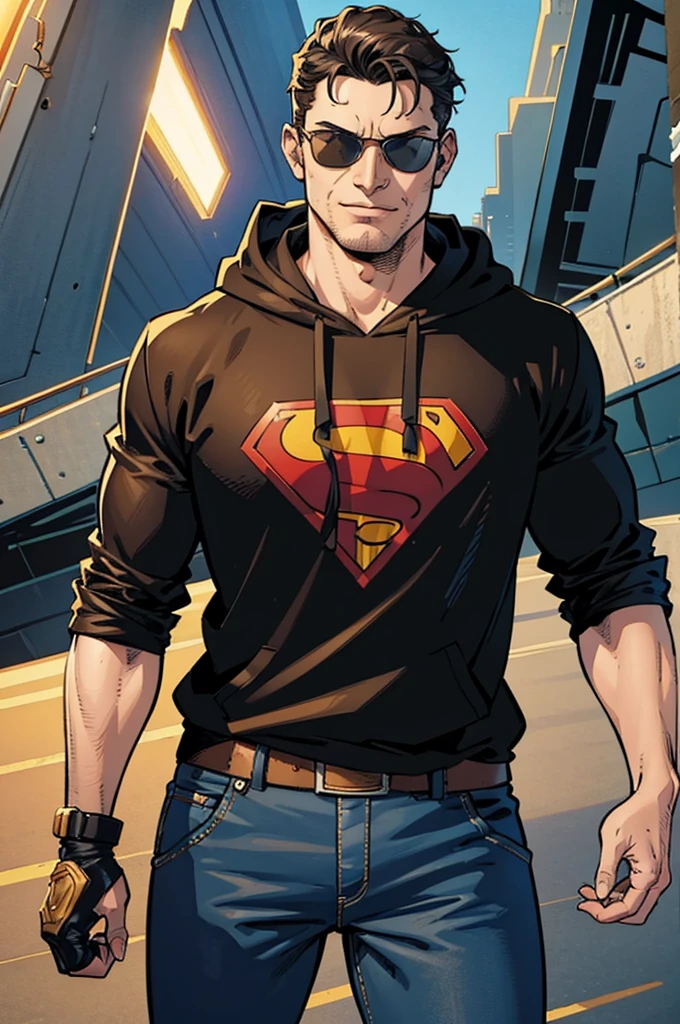 ((illustration)), (best quality)), ((masterpiece)), (detailed), ((epic)), teenage, boy, dark hair, brown eyes, muscular, shirt, black hoodie, sunglass, smirking, solo, gauntlet, day, stylish, slick hair, modern, superhero landing, comic style,