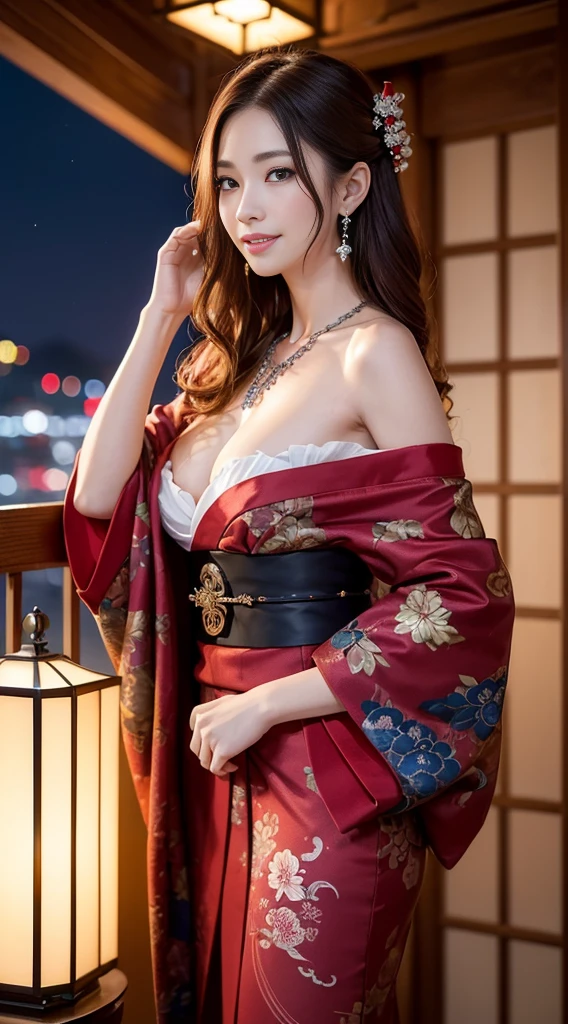 8K Ultra HD, Digital SLR,Film Grain, Fujifilm XT3,(Highest quality:1.3), (masterpiece:1.1), High resolution, Cinematic Light, Intricate details, (Realistic) (Night view) Realistic backlight、ドラマチックなredトーンの光、Beautiful Japanese Geisha full body photo, ((Facial texture Pore details)), Grin、悪魔のようなsmile, Simple messy hairstyle, 伝統的な龍のモチーフが描かれたサテンの黒いkimonoを着て, Open shoulders, Colorful dragon tattoos all over the body, Long blade, Inside a traditional villa,White-hilted Japanese sword, 8K, Front blur,Ultra HD, Digital SLR,Film Grain, Fujifilm(8K, Highest quality, masterpiece:1,2), (Realistic, Realistic:1.37), Very detailed, One Girl,), (Very detailed), (Detailed and beautiful eyes), (Highest qualityの), (Very detailed ), (masterpiece), (Detailed face),woman((19 years old)), hair((red, Wavy, length)), eye ((red eye, big eye)), Clothes((kimono,big slit, redい花柄)), accessories ((Earrings, necklace)), Huge breasts, big , smile, background,長いhair,Red Clothes,Cowboy Shot
