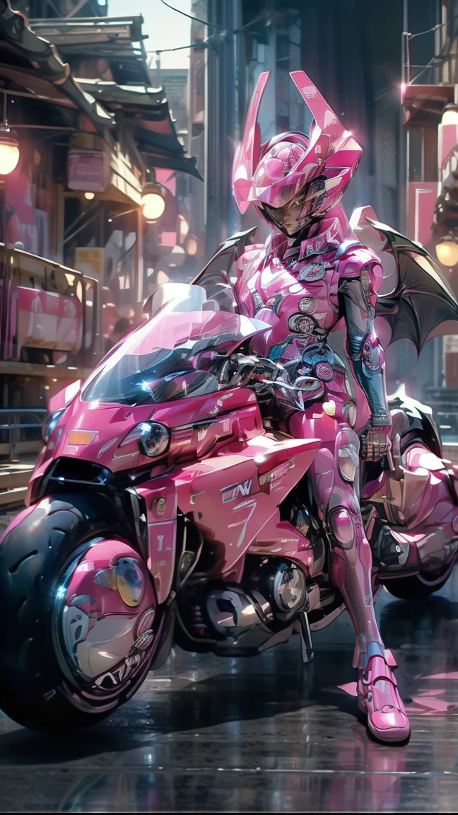 ((best quality)), ((masterpiece)), ((realistic)), (detailed), (photorealistic:1.5), (((succubus ))),((beautiful face, sharp face)), (thick body), (((pink bodysuit))), lights on armor, ((looking at viewer)), dynamic pose, science fiction, hdr, ray tracing, nvidia rtx, super-resolution, unreal 5, subsurface scattering, pbr texturing, post-processing, anisotropic filtering, depth of field, maximum clarity and sharpness, rule of thirds, 8k raw, (luminescent particles:1.4), (extremely detailed cg, unity 8k wallpaper, 3d, cinematic lighting,(((ride high technology motorbike)),no helmet