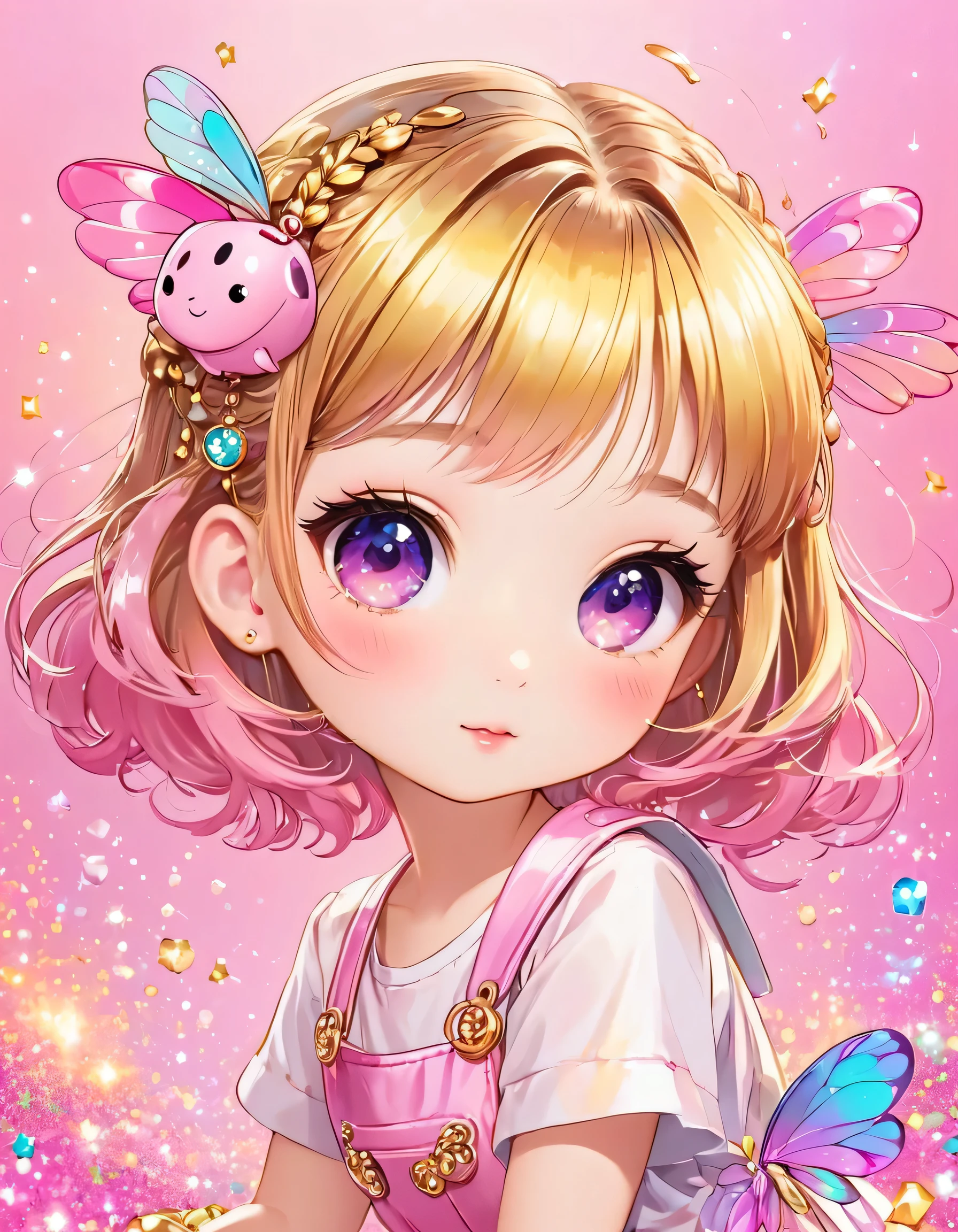 Gold and Pink style, Simple Line Initialism,Abstract art,Kawaii Design, The most beautiful girl of all time、chibi, Cute and colorful pillbugs, The background is a glittering rainbow color