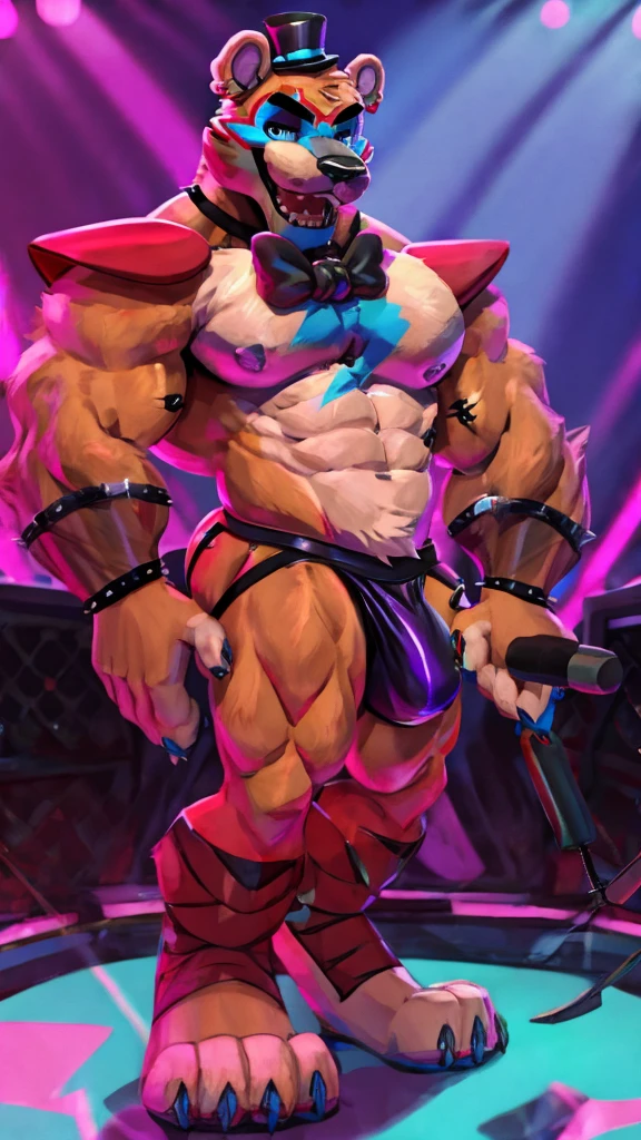 Glamrock overly muscular adult Freddy wears a black jockstrap singing with a microphone on a stage with a confident sexy and flirtatious look