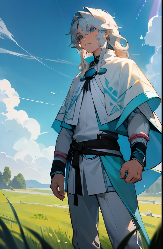 1male , Pale Powder Blue Eyes , Luminescent White Hair , Wavy Hair , Medium Length Hair , Rainbow Highlighted Hair, White Compression Shirt , Muscular , Wrist Wraps , Muscular , Adult Male , Standing in Grassy Planes , Facing Camera , Serious Expression , Sunny Day , Black Poncho 