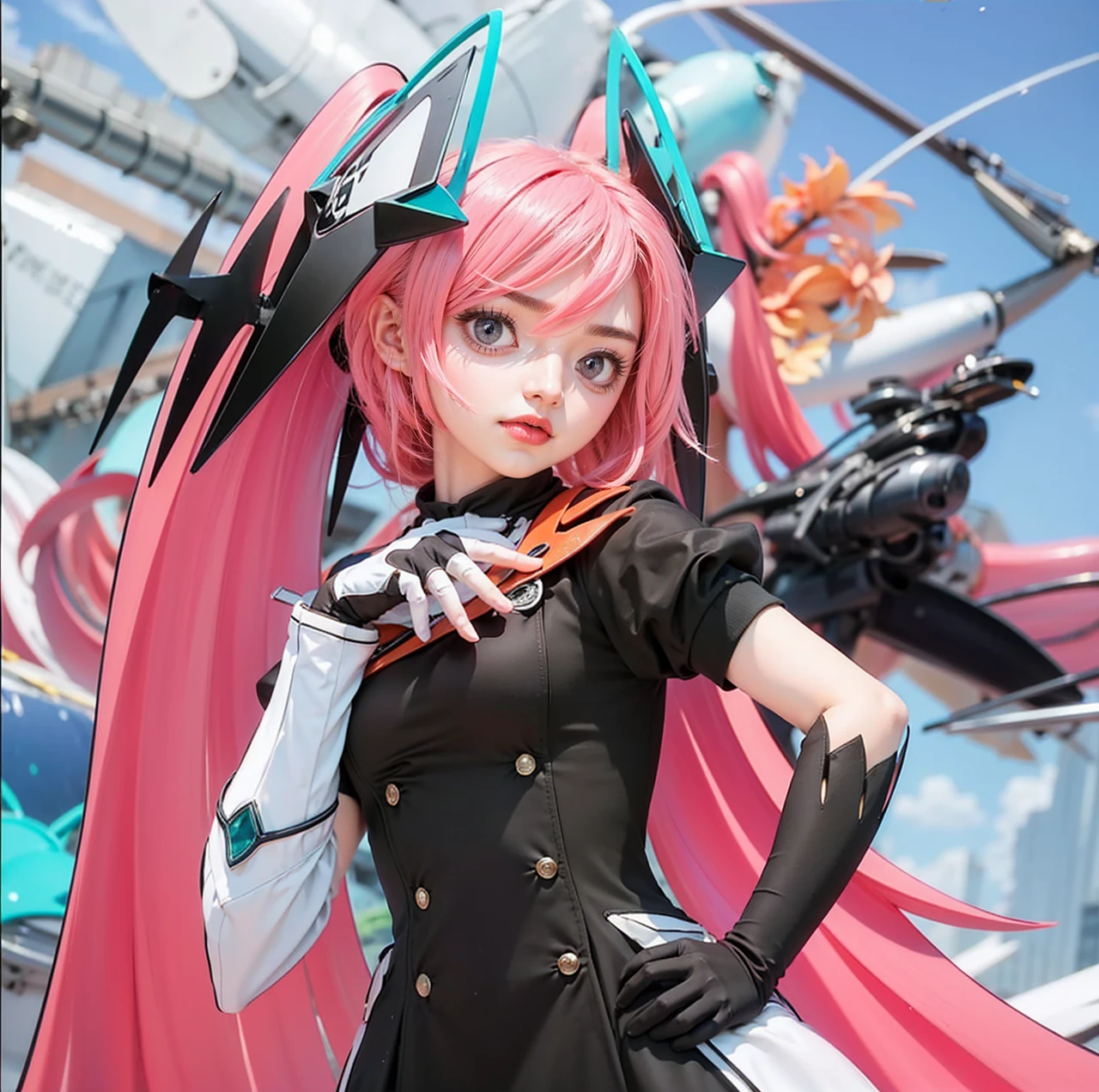 Light pink hair, pink eyes, pink and white, sakura leafs, vivid colors, white dress, paint splash, simple background, ray tracing, wavy hair