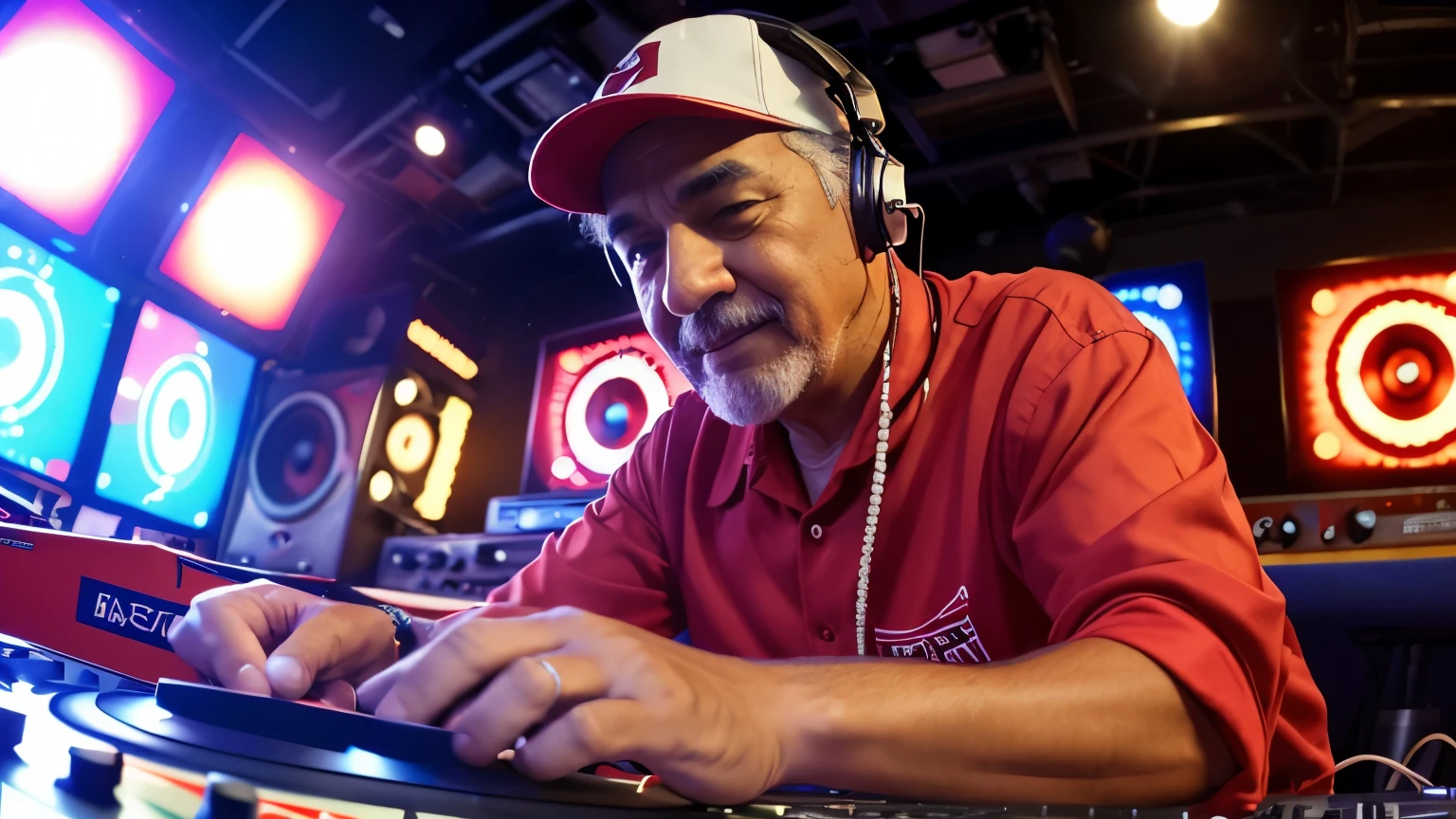 In the bustle of a vibrant radio station, a master dj (Mexican, 50 years, grey hair, perfect hands) he devotes himself to his art, mixing rhythms on his turntable with precision and passion. With stylish headphones covering your ears, (Red Cap, Red shirt), looking to the camera. Flashing lights and high-tech equipment surround you, while his determined gaze and occasional smile reveal the deep connection and joy he feels in sharing his music with the world.. The image is of high quality and in 8K resolution, capturing every detail with exceptional clarity and sharpness.