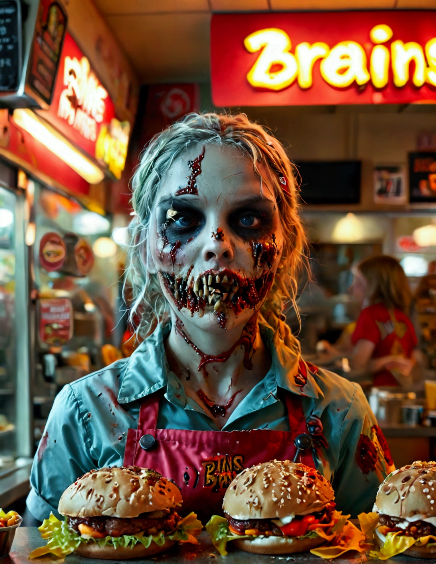 A friendly zombie fast food worker (cute woman, mouth stitched shut some decay, death pallor, work uniform) working behind a counter serving customer zombies brain themed items, restaurant name 'Brains'