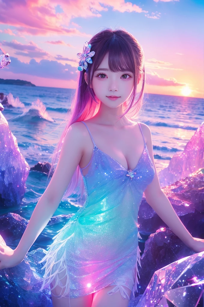 A beautiful Japanese girl character living in a crystal world。The background is a fantastic pink and blue gradient sky.、Crystal sparkling sea。The character&#39;s thin clothing、It has a crystal-like transparency、Shine in the light。Her long hair spreads out softly like flowing water.、The crystal decorations are a beautiful accent.。The pose is graceful、Standing confidently。As an illustration technique、The contrast of light and shadow is skillfully depicted.、The unity between the characters and the background is emphasized.。The composition is neat and vertical.、The overall result is a super-realistic, live-action-like finish.。