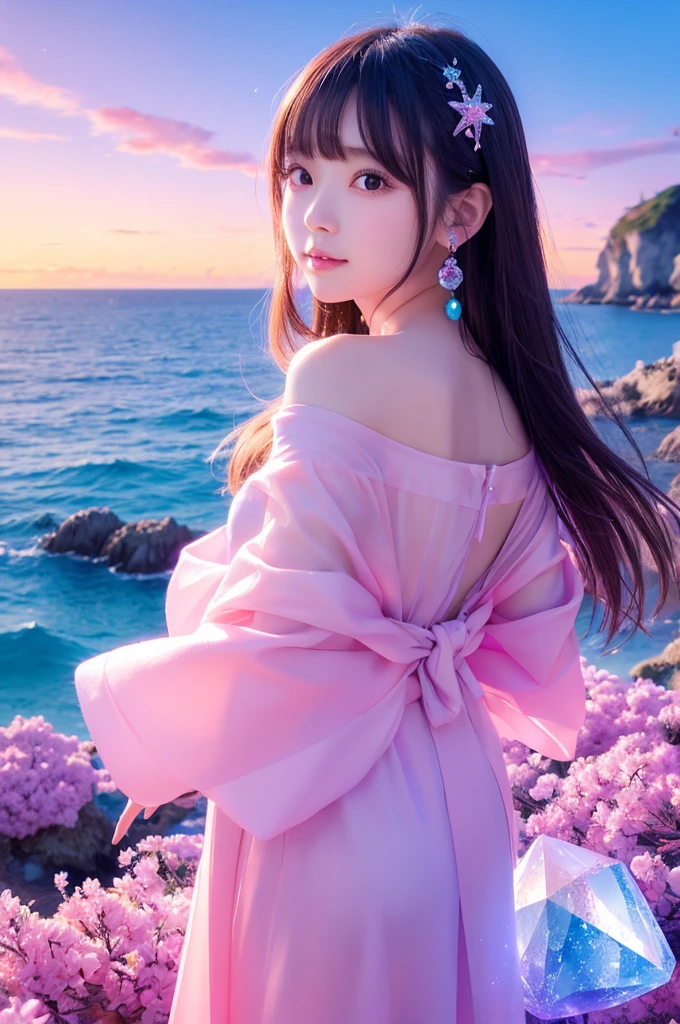 A beautiful Japanese girl character living in a crystal world。The background is a fantastic pink and blue gradient sky.、Crystal sparkling sea。The character&#39;s thin clothing、It has a crystal-like transparency、Shine in the light。Her long hair spreads out softly like flowing water.、The crystal decorations are a beautiful accent.。The pose is graceful、Standing confidently。As an illustration technique、The contrast of light and shadow is skillfully depicted.、The unity between the characters and the background is emphasized.。The composition is neat and vertical.、The overall result is a super-realistic, live-action-like finish.。