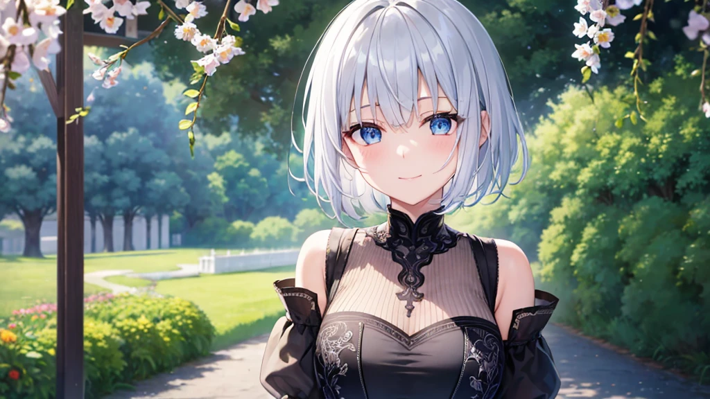 Ultra HD,Look at the viewers, Put your hands behind your back, With a girl, 20-year-old, 非常にShort Hair, Long bangs between the eyes, Pale blue eyes,  Very detailed,(masterpiece、Highest quality),Gray Hair、Laughter、Fantastic, Silver Hair, Iris,  Short hair、 Fluttering Hair、Small Face、明るいsmile、(Detailed face) ,Professional Lighting,Wonderful landscape,blue sky, sunlight,Looking down from above,Portraiture、Open your mouth、Flower Field、Her eyes were shining、Mysterious and enchanting atmosphere。With AI Painting、とてもShort Hair, Long bangs between the eyes, Very detailed,(masterpiece、Highest quality)、alone、Gray Hair、Fantasy, Silver Hair, Fantasyな風景、smile、Open your mouth、short hair、Short Hair、hairpin、black eye、Grey Eyes、Beautiful Eyes、White shirt、Jacket、I can see the neck、The clavicle is visible