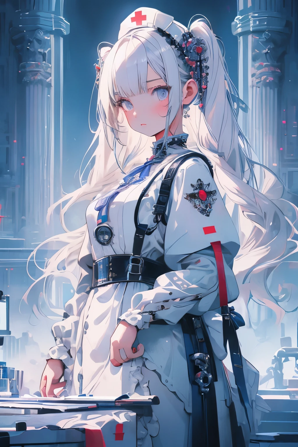 RAW Photos, Realistic, Ultra-realistic, cute nurse character, Charming girl, long twin tails hairstyle, white gothloli outfit, Victorian and Rococo elements, medical syringes, IV drip bags, detailed accessories, soft pastel tones, whimsical medical setting, intricate dress design, delicate features, elegant and fantasy theme, highly detailed full body illustration. art by Ilya Kuvshinov and Sakizou and HACCAN., detailed line art, fantasy, spooky illustration, art illustration, Highest quality, masterpiece, Ultra-high resolution, 8K