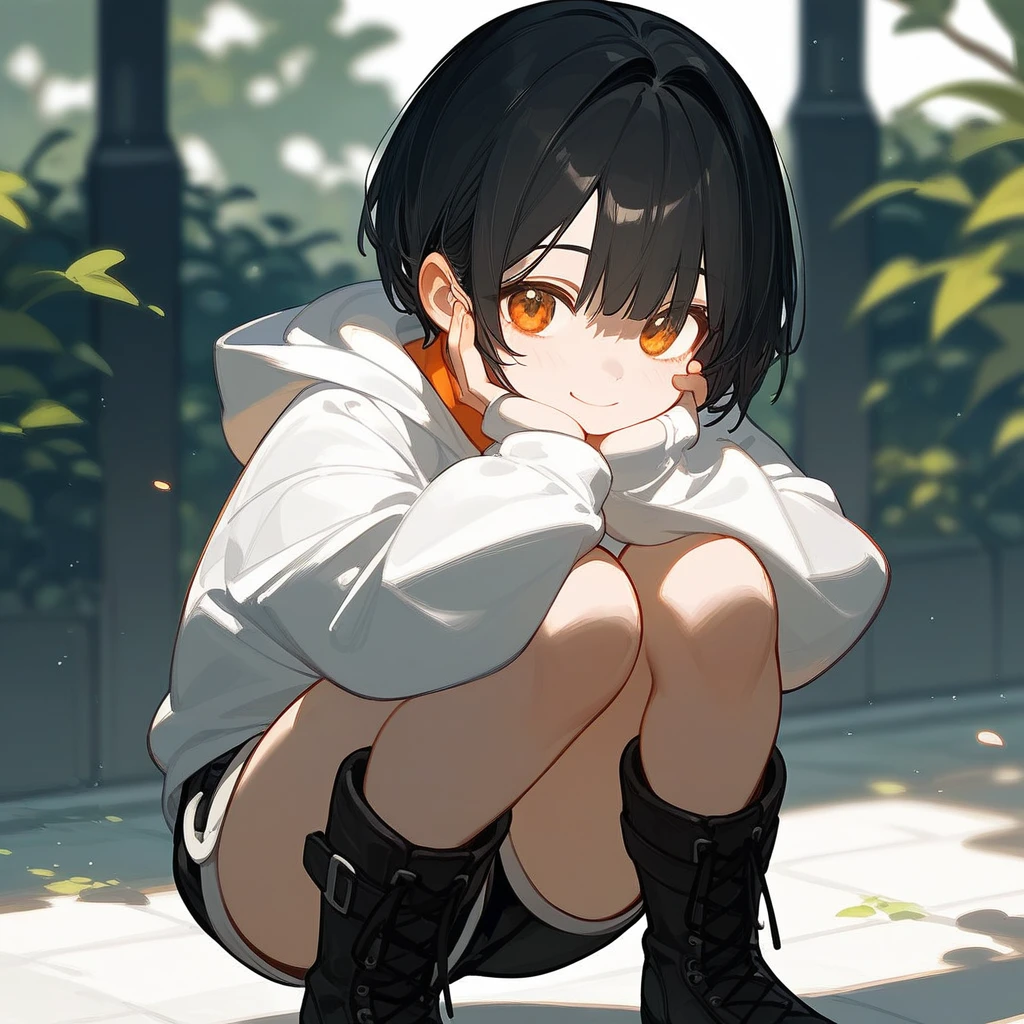 ,1 Girl,White hoodie,beautiful_face、Black Hair、Short Bob Hair、Solo Illustration、Orange eyes、Shorts、Black boots、smile、cute composition、Crouching、Put your hand on your cheek、Cheek resting on hand