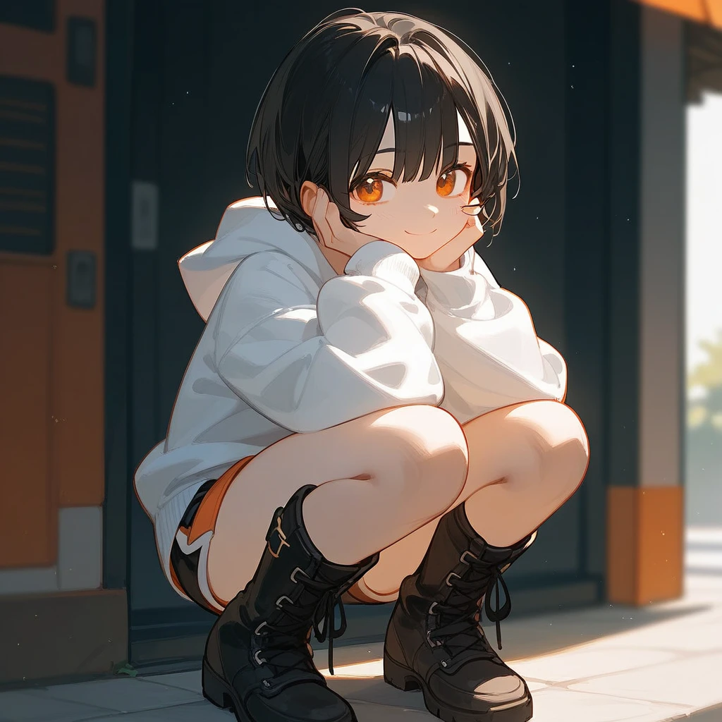 ,1 Girl,White hoodie,beautiful_face、Black Hair、Short Bob Hair、Solo Illustration、Orange eyes、Shorts、Black boots、smile、cute composition、Crouching、Put your hand on your cheek、Cheek resting on hand