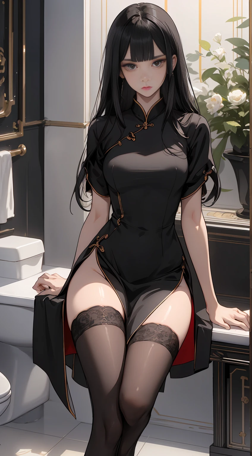 Perfect Anatomy, 1woman solo,20 year old beauty、black hair,long hair,blunt bangs,black eyes,shy look、slender body, ideal ratio body proportions,medium breasts,sitting,sweat,black cheongsam dress、short length、deep slit、thigh_gap, black_thighhighs,Luxurious toilet、 venue、luxury hotel