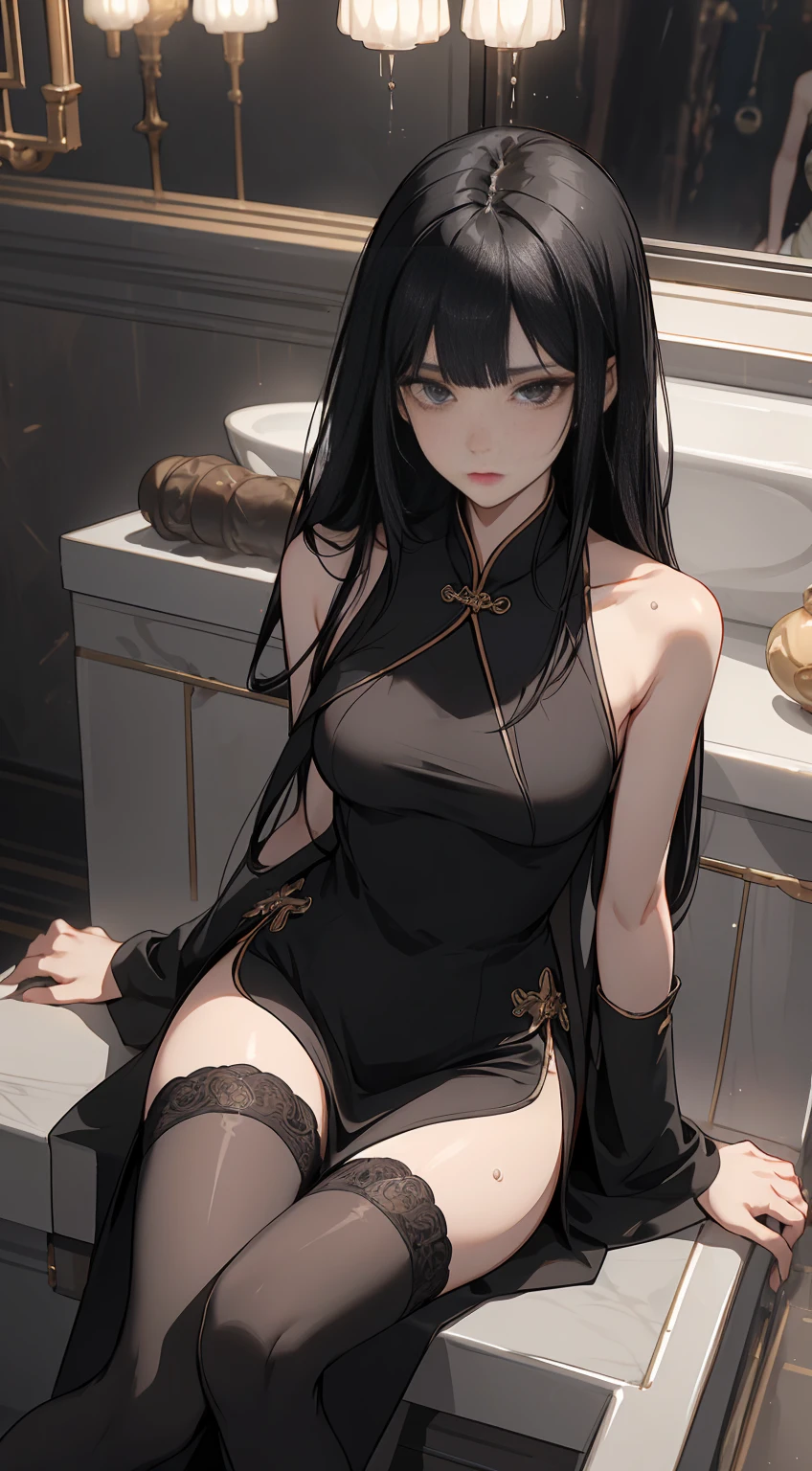 Perfect Anatomy, 1woman solo,20 year old beauty、black hair,long hair,blunt bangs,black eyes,shy look、slender body, ideal ratio body proportions,medium breasts,sitting,sweat,black cheongsam dress、short length、deep slit、thigh_gap, black_thighhighs,Luxurious toilet、 venue、luxury hotel