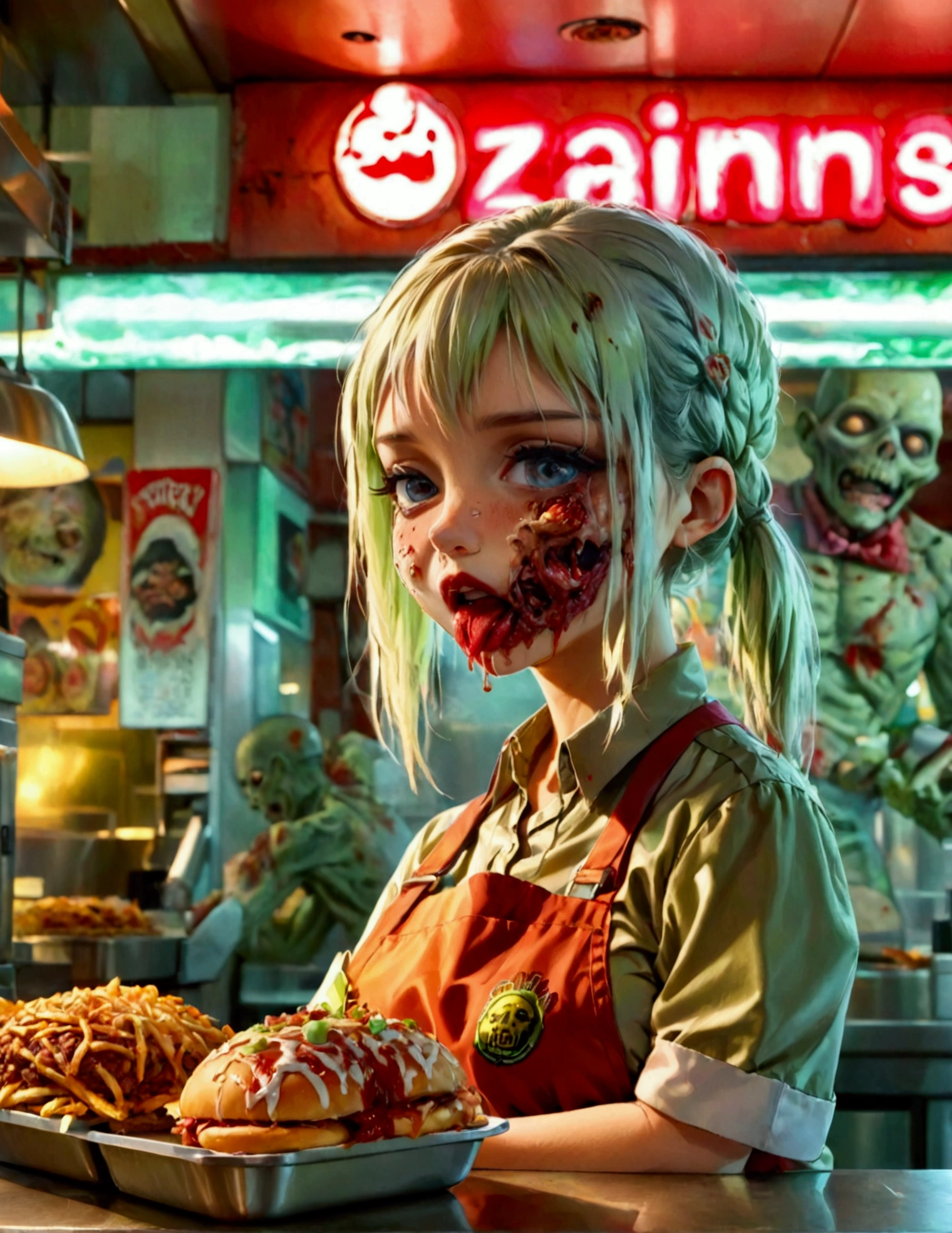 A friendly zombie fast food worker (cute woman, mouth stitched shut some decay, death pallor, work uniform) working behind a counter serving customer zombies brain themed items, restaurant name 'Brains'