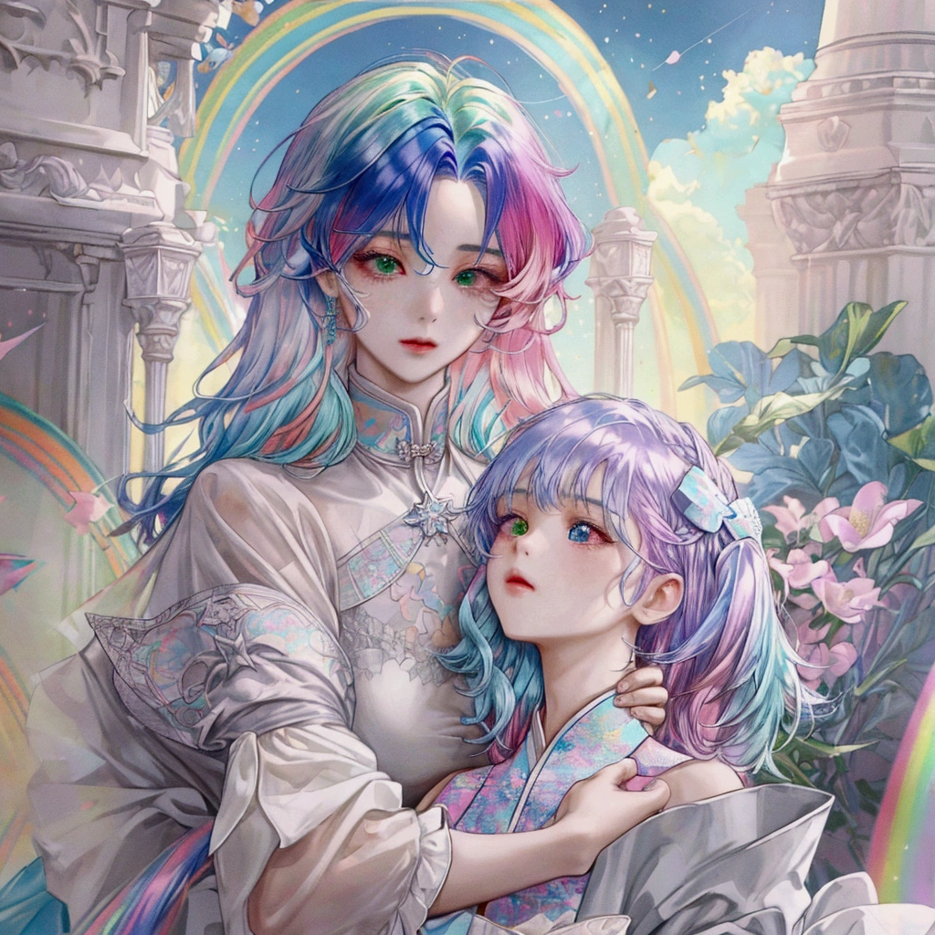 EbonyGoldAIのmasterpiece, 最high quality, high quality, High resolution, (((Beautifully detailed skies))),, growな(grow, wonderful), vision(View), wonderful光景, High resolution, ((Best Shadow)), Night Sky, moonlight, ((Super detailed)), (Best illustrations), ((Very delicate and beautiful)), Dynamic Angle,high qualityの画像品質, quiet, far_Away{{masterpiece}}, 最high quality, Very detailedな CG ユニティ 8k 壁紙, Cinema Lighting, Lens flare, Beautiful details in the eyes, black, Sideways glance, Multicolored Hair, colorful light, particle, Heterochromia iridis, (colorful:1.5), (colorful hair:1.5),{{masterpiece}}, 最high quality, Very detailedな CG ユニティ 8k 壁紙, Cinema Lighting, Lens flare, Beautiful details in the eyes, black, Sideways glance, Multicolored Hair, colorful light, particle, Heterochromia iridis, (colorful:1.5), (colorful hair:1.5),masterpiece, 最high quality, Official Art, 8k wallpaper, Very detailed, Very delicate and beautiful, wonderful, In detail, masterpiece, Super detailed, High resolution,Best illustrations, Best Shadow,Complex,Sharp focus, high quality, A young father holds his young twin boys and girls in his arms tightly and warmly、Draw a scene filled with love and security.。My father is on his way home from work.、Children are innocent and carefree。In the background, a clear blue sky spreads out.、Italy in Summer、View of a stylish modern mansion in Venice。The bright sunlight illuminates the house and the sparkling sea.。 In fact, this30The father of the generation was the former Constantine1This is the world.、The boy-girl twins are formerly Crispus and Fausta。The whole scene、atonement、Forgiveness、Healing、Purification、And the theme of repairing relationships was emphasized.、It expresses the moment when family love and bonds deepen.