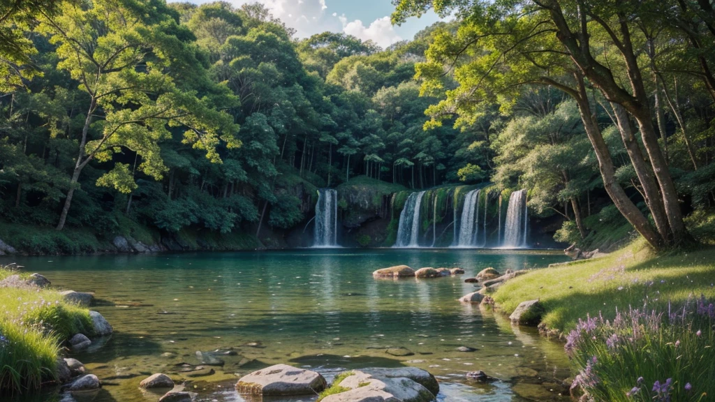 (Highest quality,4K,8K,High resolution,masterpiece:1.2),Super detailed,(Realistic,photoRealistic,photo-Realistic:1.37),Scenic,nature,Gorgeous landscapes,Fascinating views,colorful,Calm mood,fresh air,Light of the sun,Clear water,Lush greenery,Thriving trees々,Quiet Lake,Bright flowers,Breathtaking sunsets,Golden Sun,Gently shake the grass,soothing sounds of nature,Quiet atmosphere,Sedative effect,Exhilarating environment,Nurturing Beauty,Pristine landscape,手つかずのnature,natureの調和,A moment of bliss.