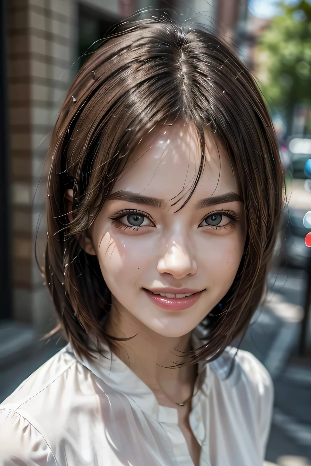 ((masterpiece)), ((Highest quality)), ((Complex)), ((Surreal)), (Realistic), (Mature Woman), ((There are no classes)), Very detailed, (1 female), Beautiful and exquisite, (Beautiful Teeth), Grin, Brunette Bob Hair, Brown eyes, ((blouse)), (Upper Body), (background:none), Perfect Eyes, Captivating eyes, Looking at the audience