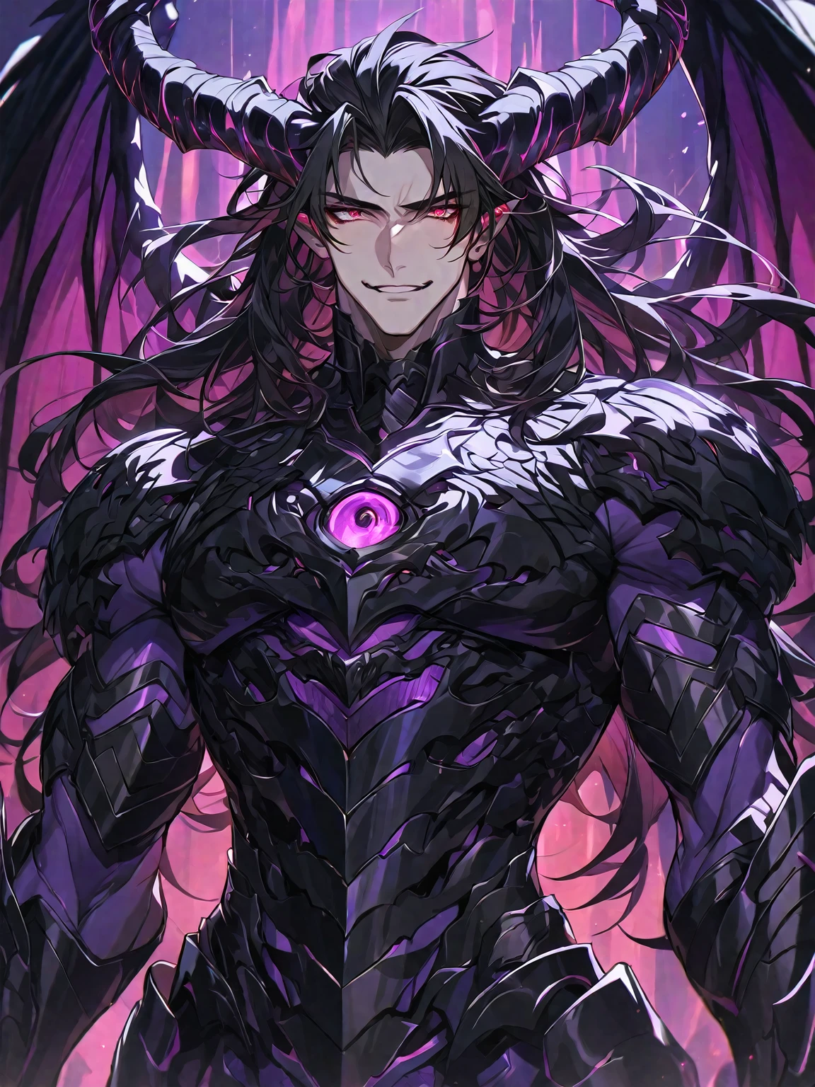 One, handsome, 1 man, with a sporty body, V-shaped body, black detailed armour with glowing purple details, black demonic horns, black dragon wings long hair, black hair, purple with red reptile eye tones, purple threads, black light
