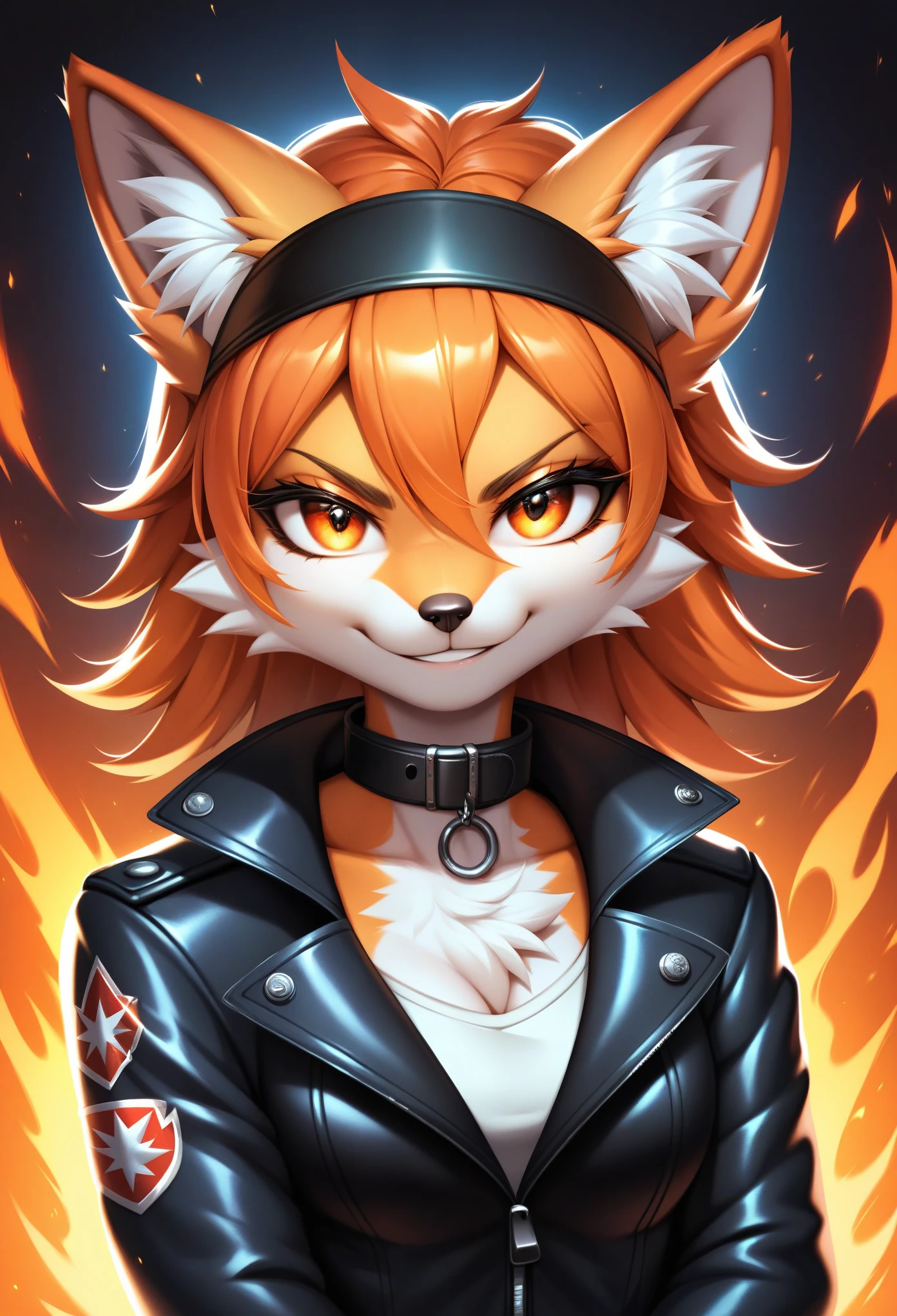 score_9, score_8_up, score_7_up, score_6_up, source_furry,BREAK,detailed face eyes and fur, (detailed fire background)1.1, anthro furry female fox, orange hair, enface portrait, small, looking at viewer, intimidating, smirk, black headband, collar, jacket, highly detailed, absurdres, cinematic lighting, soft, fluffy