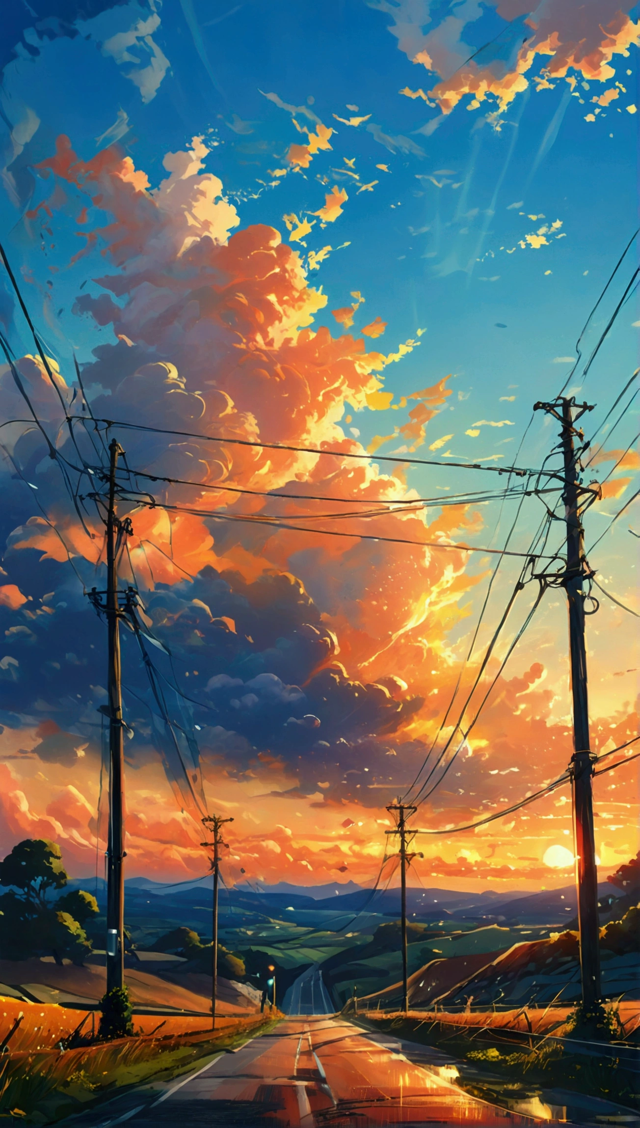 There is a painting of a road with wires and poles, anime countryside landscape, Anime background art, Anime landscape, Highly detailed illustration.”, anime style cityscape, Makoto Shinkai's style, anime backgrounds, Anime landscapes, in the style of makoto shinkai, drawn in anime painter studio, beautiful anime scenery, Anime landscape concept art, low details. Digital painting