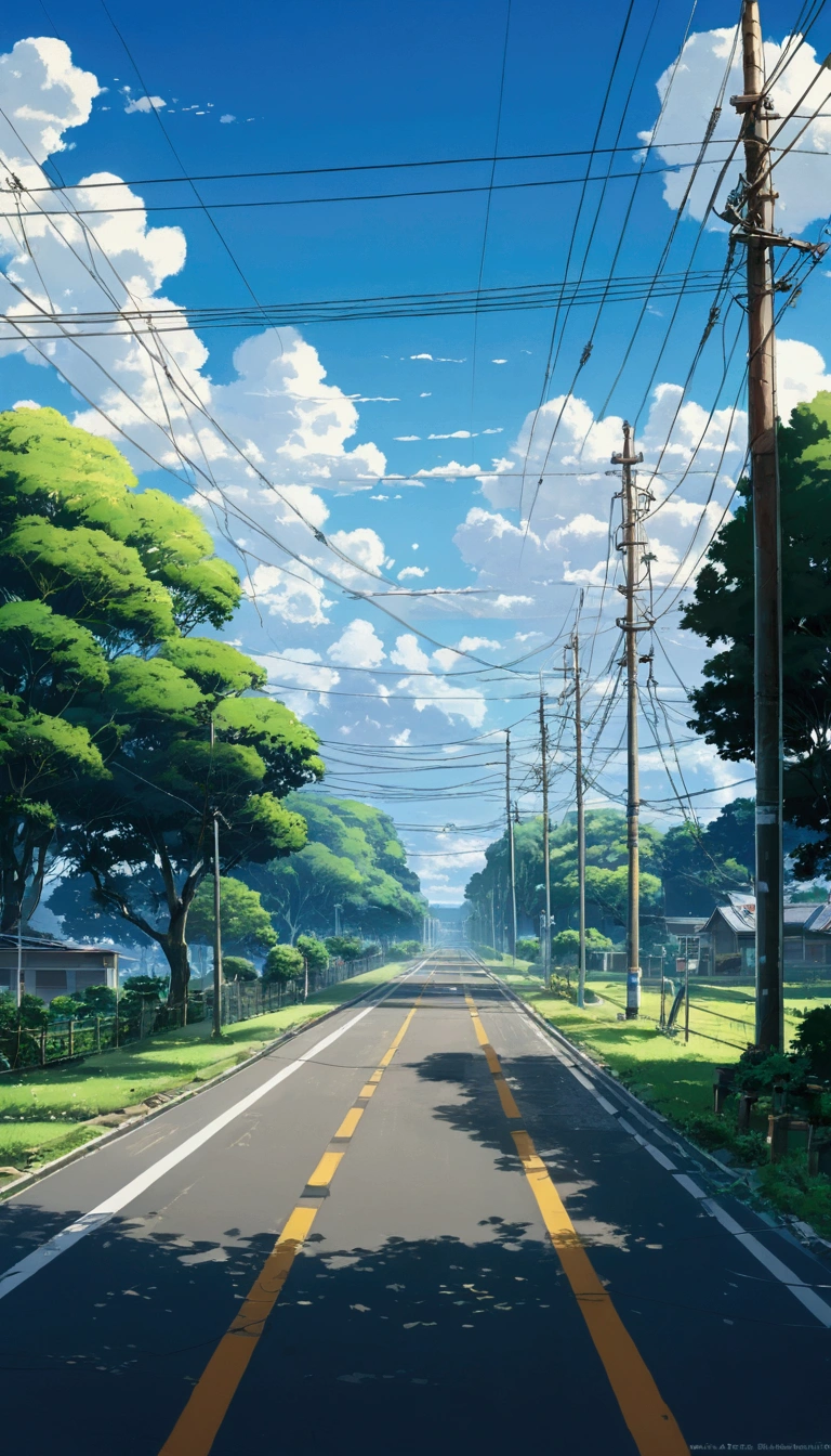 There is a painting of a road with wires and poles, anime countryside landscape, Anime background art, Anime landscape, Highly detailed illustration.”, anime style cityscape, Makoto Shinkai's style, anime backgrounds, Anime landscapes, in the style of makoto shinkai, drawn in anime painter studio, beautiful anime scenery, Anime landscape concept art, low details. Digital painting