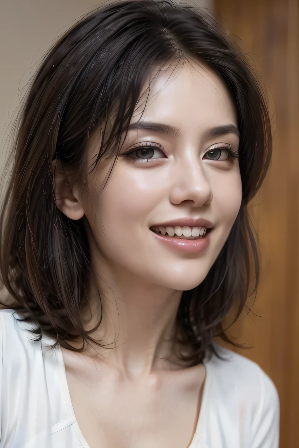 ((masterpiece)), ((Highest quality)), ((Complex)), ((Surreal)), (Realistic), (Mature Woman), ((There are no classes)), Very detailed, (1 female), Beautiful and exquisite, (Beautiful Teeth), Grin, Brunette Bob Hair, Brown eyes, ((blouse)), (Upper Body), (background:none), Perfect Eyes, Captivating eyes, Looking at the audience